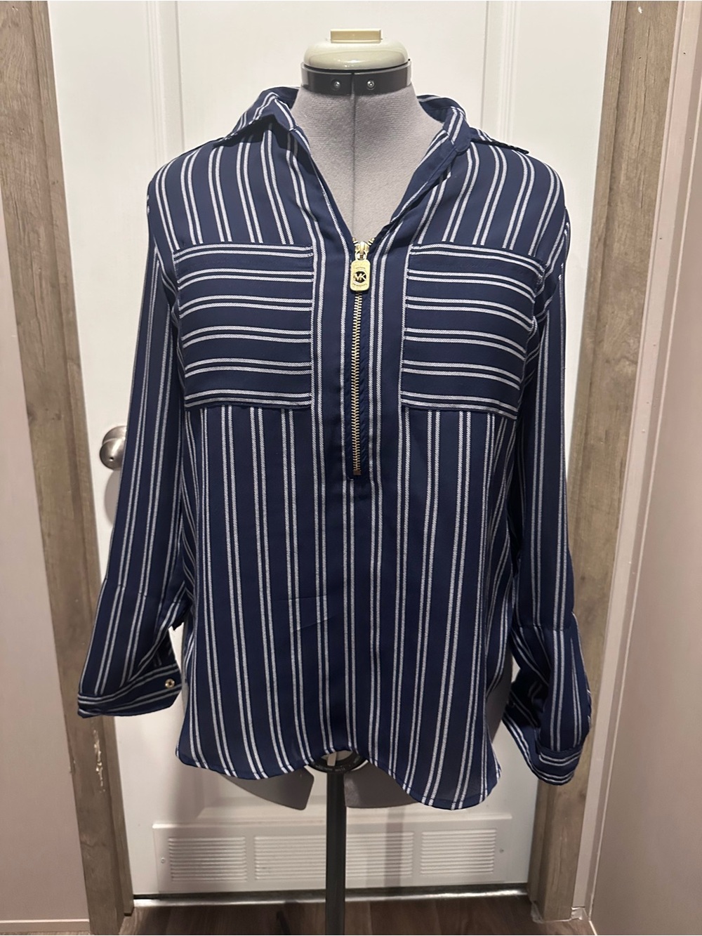 Michael Kors Navy and White Striped Hooded Quarter-Zip Blouse
